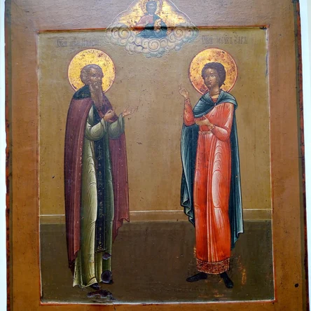 Икона "Уар и Паисий" Палех 31*26 состояние